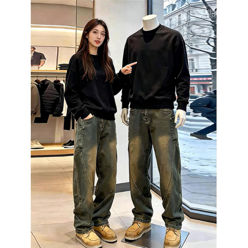 泥黃色彎刀牛仔褲男款秋冬水洗做舊工裝褲子cleanfit直筒微喇褲