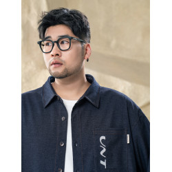 黑勁大碼男裝春季水洗印花牛仔襯衫胖子男加肥加大寬鬆休閒外套潮