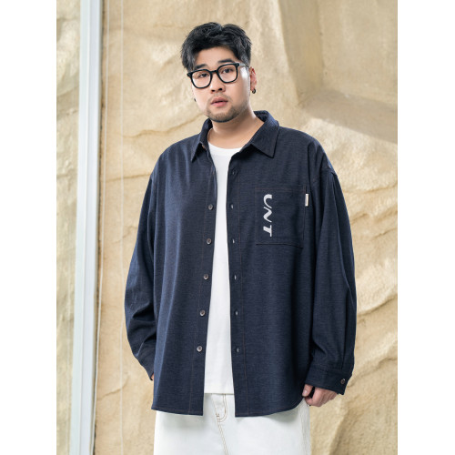 黑勁大碼男裝春季水洗印花牛仔襯衫胖子男加肥加大寬鬆休閒外套潮