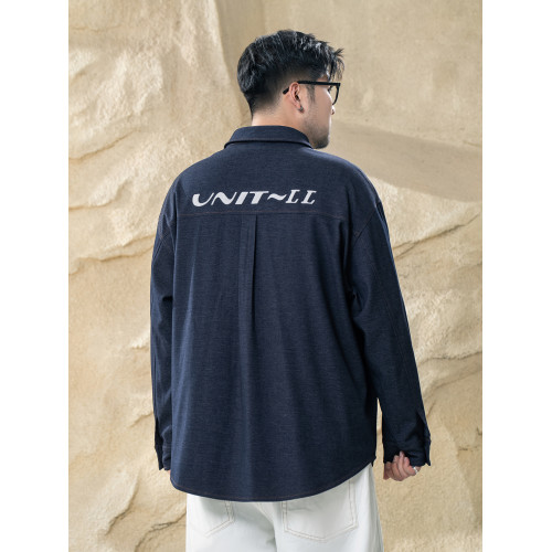 黑勁大碼男裝春季水洗印花牛仔襯衫胖子男加肥加大寬鬆休閒外套潮