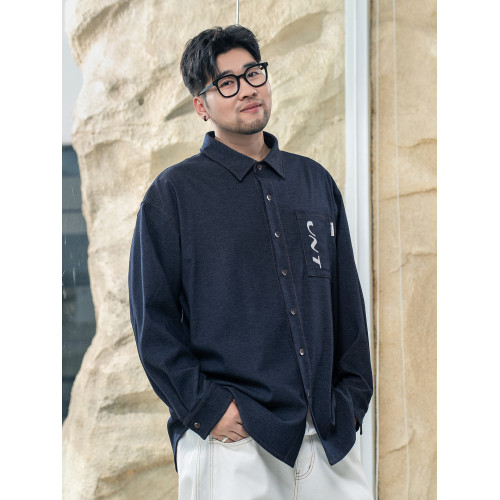 黑勁大碼男裝春季水洗印花牛仔襯衫胖子男加肥加大寬鬆休閒外套潮