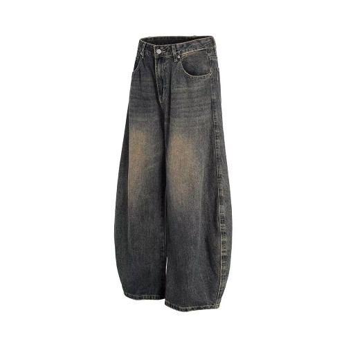 美式復古藍牛仔褲男女水洗做舊自然貓須baggy寬鬆拖地廓形彎刀褲