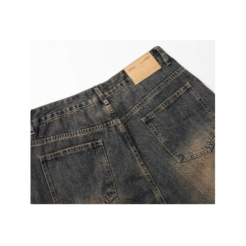 美式復古藍牛仔褲男女水洗做舊自然貓須baggy寬鬆拖地廓形彎刀褲