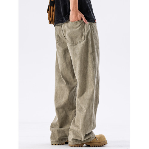 August卡其直筒牛仔褲男秋冬新款美式高街長褲子寬鬆男士休閒男褲