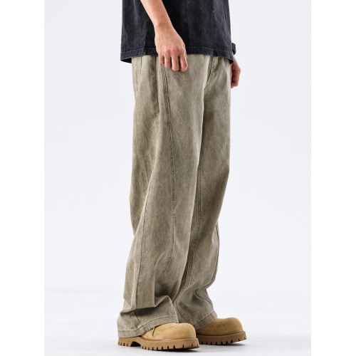 August卡其直筒牛仔褲男秋冬新款美式高街長褲子寬鬆男士休閒男褲