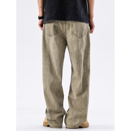 August卡其直筒牛仔褲男秋冬新款美式高街長褲子寬鬆男士休閒男褲