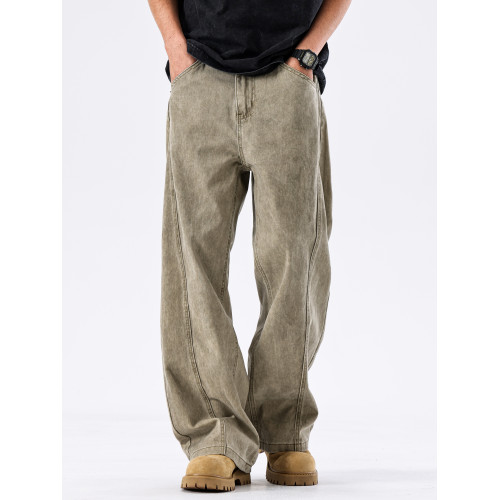 August卡其直筒牛仔褲男秋冬新款美式高街長褲子寬鬆男士休閒男褲