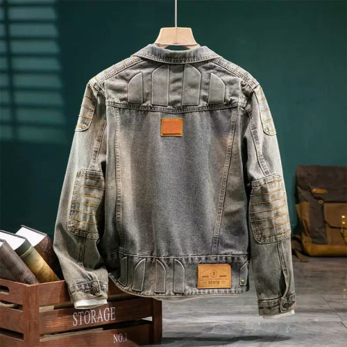 美式復古重磅牛仔外套男款高級設計感壓花修身春秋季厚款機車夾克