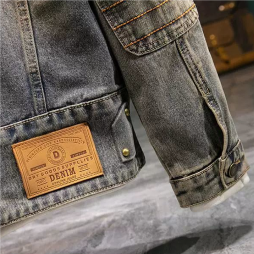 美式復古重磅牛仔外套男款高級設計感壓花修身春秋季厚款機車夾克