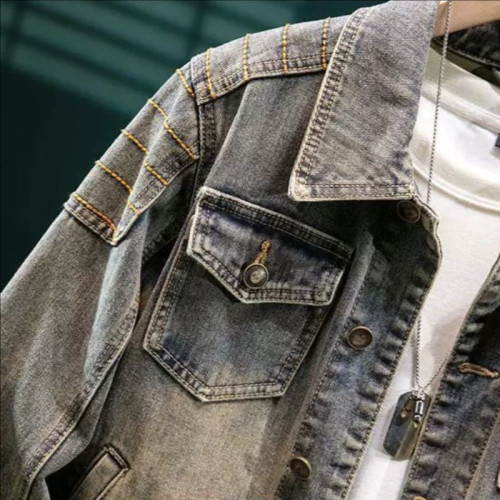 美式復古重磅牛仔外套男款高級設計感壓花修身春秋季厚款機車夾克