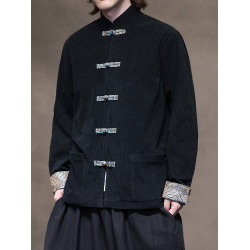 新中式秋冬休閒燈芯絨唐裝外套風復古拼色對襟盤釦中山裝上衣