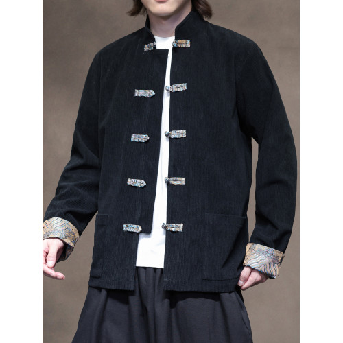 新中式秋冬休閒燈芯絨唐裝外套風復古拼色對襟盤釦中山裝上衣