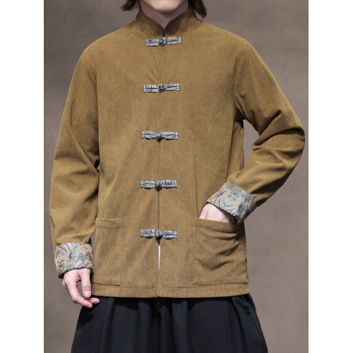 新中式秋冬休閒燈芯絨唐裝外套風復古拼色對襟盤釦中山裝上衣