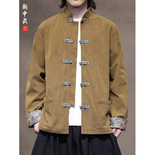 新中式秋冬休閒燈芯絨唐裝外套風復古拼色對襟盤釦中山裝上衣