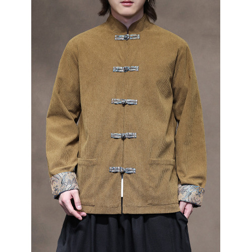 新中式秋冬休閒燈芯絨唐裝外套風復古拼色對襟盤釦中山裝上衣