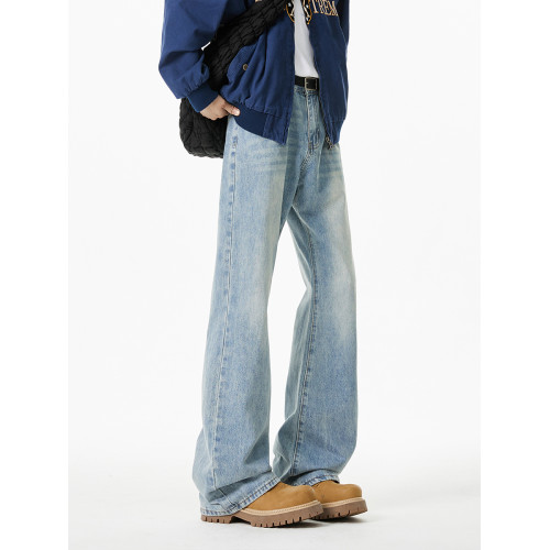 V37美式復古黑色微喇褲子男春季高街cleanfit寬鬆濶腿加絨牛仔褲