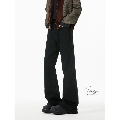 V37美式復古黑色微喇褲子男春季高街cleanfit寬鬆濶腿加絨牛仔褲