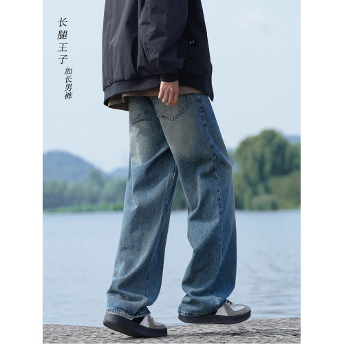 復古藍高個子190加長版休閒牛仔褲秋冬季男直筒寬鬆濶腿長褲120CM