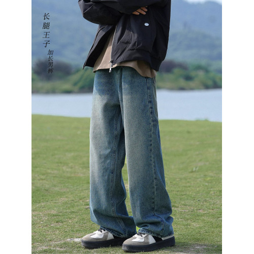 復古藍高個子190加長版休閒牛仔褲秋冬季男直筒寬鬆濶腿長褲120CM