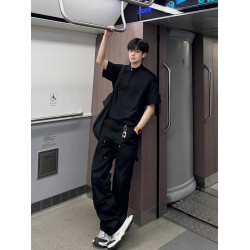 黑色半拉鍊短袖男夏季新款美式潮牌男式t恤重磅痞帥五分袖上衣