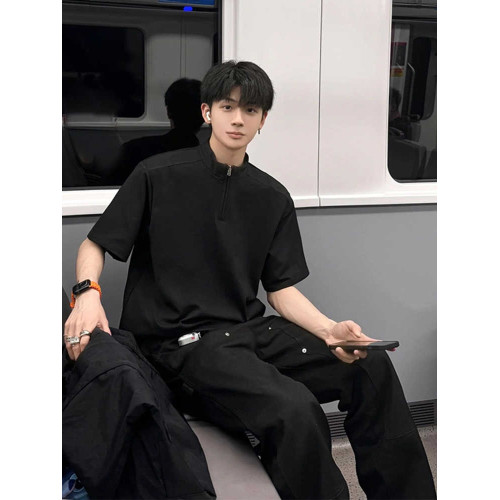 黑色半拉鍊短袖男夏季新款美式潮牌男式t恤重磅痞帥五分袖上衣