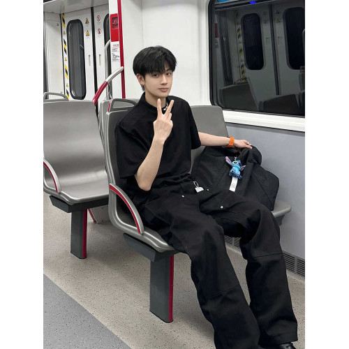 黑色半拉鍊短袖男夏季新款美式潮牌男式t恤重磅痞帥五分袖上衣