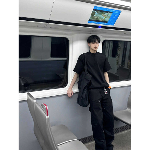 黑色半拉鍊短袖男夏季新款美式潮牌男式t恤重磅痞帥五分袖上衣