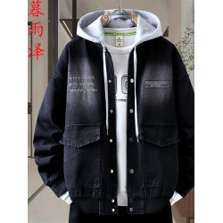 黑色連帽牛仔夾克男字母刺綉青少年學生2026春季高品質大口袋外套