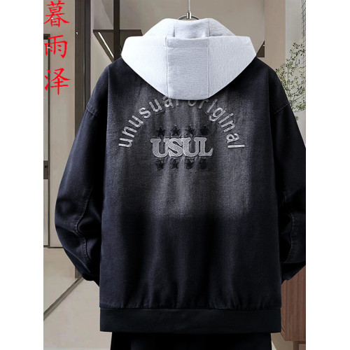 黑色連帽牛仔夾克男字母刺綉青少年學生2026春季高品質大口袋外套