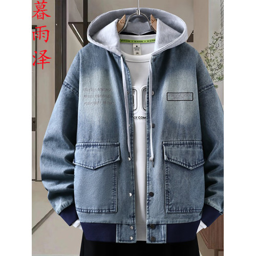 黑色連帽牛仔夾克男字母刺綉青少年學生2026春季高品質大口袋外套