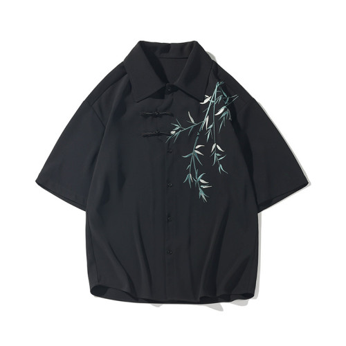 風青竹刺綉短袖襯衫男高級感復古盤釦加大碼寬鬆胖人半袖襯衣