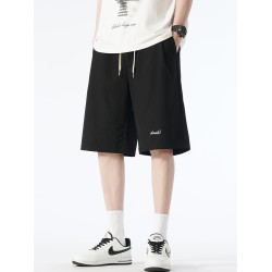 刺綉灰色冰絲短褲男款夏季薄款運動休閒五分褲子速乾大碼直筒寬鬆