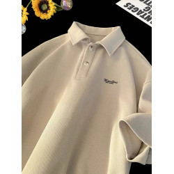 美式重磅復古繙領短袖T恤男簡約百搭加肥大碼胖人半袖polo衫體恤