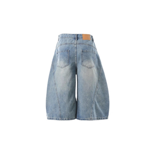 美式復古水洗牛仔彎刀七分短褲男女夏季新款寬鬆直筒濶腿褲子潮牌