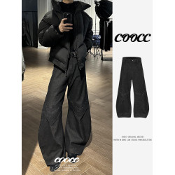 美式高街鉚釘彎刀牛仔褲男小衆設計感直筒寬鬆水洗鐮刀濶腿長褲子