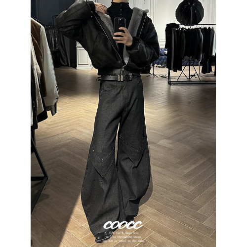 美式高街鉚釘彎刀牛仔褲男小衆設計感直筒寬鬆水洗鐮刀濶腿長褲子