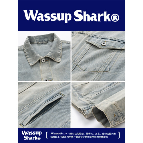 Wassup Shark美式工裝牛仔外套男春秋季復古休閒水洗夾克百搭上衣