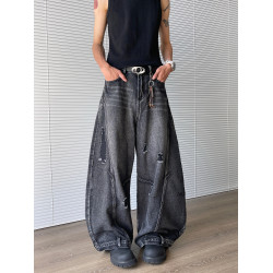 水洗做舊廓形破洞牛仔褲男美式高街解搆復古小衆寬鬆濶腿彎刀褲子