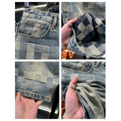 高街風格子牛仔短褲男夏季薄款五分褲2025新款男士直筒半截褲