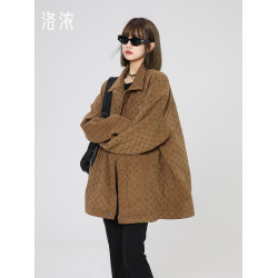 洛濃無性別春秋繙領印花外套男女燈芯絨美式夾克寬鬆高街潮牌學生