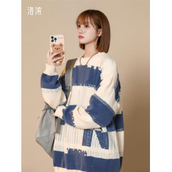 洛濃無性別秋冬針織衫毛衣外套男女圓領寬鬆大碼條紋潮牌高街學生