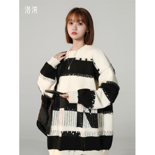 洛濃無性別秋冬針織衫毛衣外套男女圓領寬鬆大碼條紋潮牌高街學生