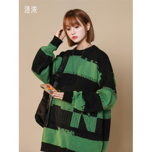 洛濃無性別秋冬針織衫毛衣外套男女圓領寬鬆大碼條紋潮牌高街學生