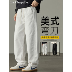 拉夏貝爾彎刀工裝褲男士秋冬季新款潮牌美式加絨休閒褲子寬鬆直筒