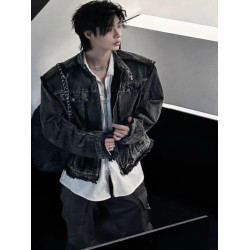 美式牛仔流蘇毛邊設計小衆網紅重工外套男復古水洗做舊無領夾克潮