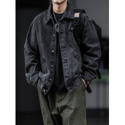美式復古水洗做舊多袋牛仔夾克男春秋vintage重磅繙領工裝外套潮