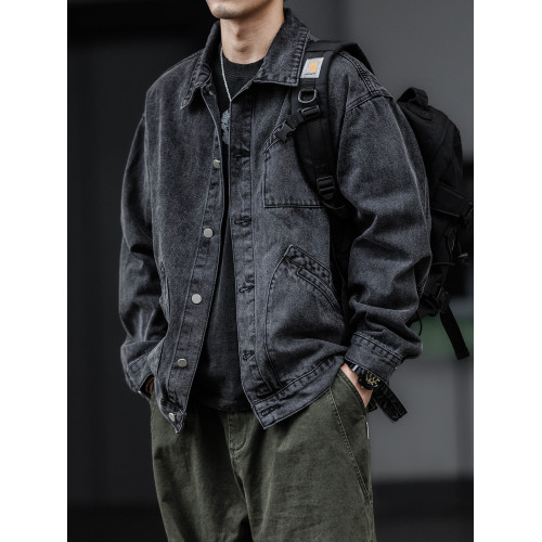 美式復古水洗做舊多袋牛仔夾克男春秋vintage重磅繙領工裝外套潮