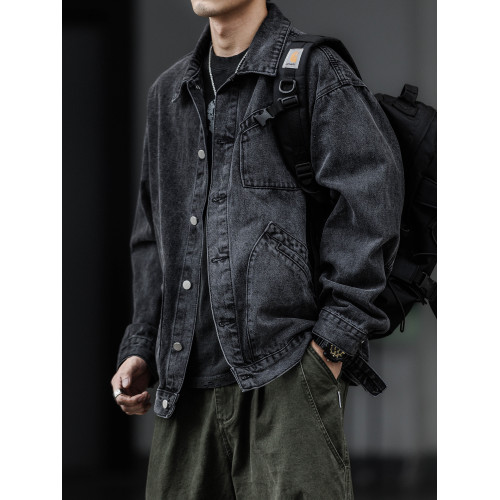 美式復古水洗做舊多袋牛仔夾克男春秋vintage重磅繙領工裝外套潮