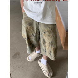 美式高街水洗髒染廢土風牛仔短褲男女夏季小衆寬鬆做舊濶腿七分褲
