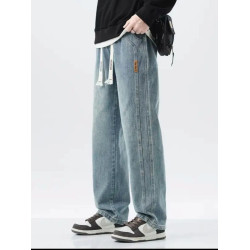 牛仔褲男款冬季加絨加厚松緊腰直筒寬鬆春秋新款濶腿工裝休閒長褲